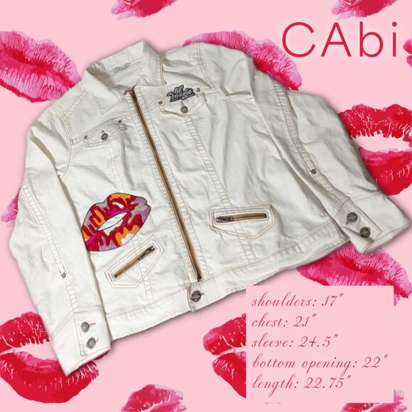 CAbi Bright White Denim Jacket with Sequin Lips Patches, Size XL - Picture 8 of 8